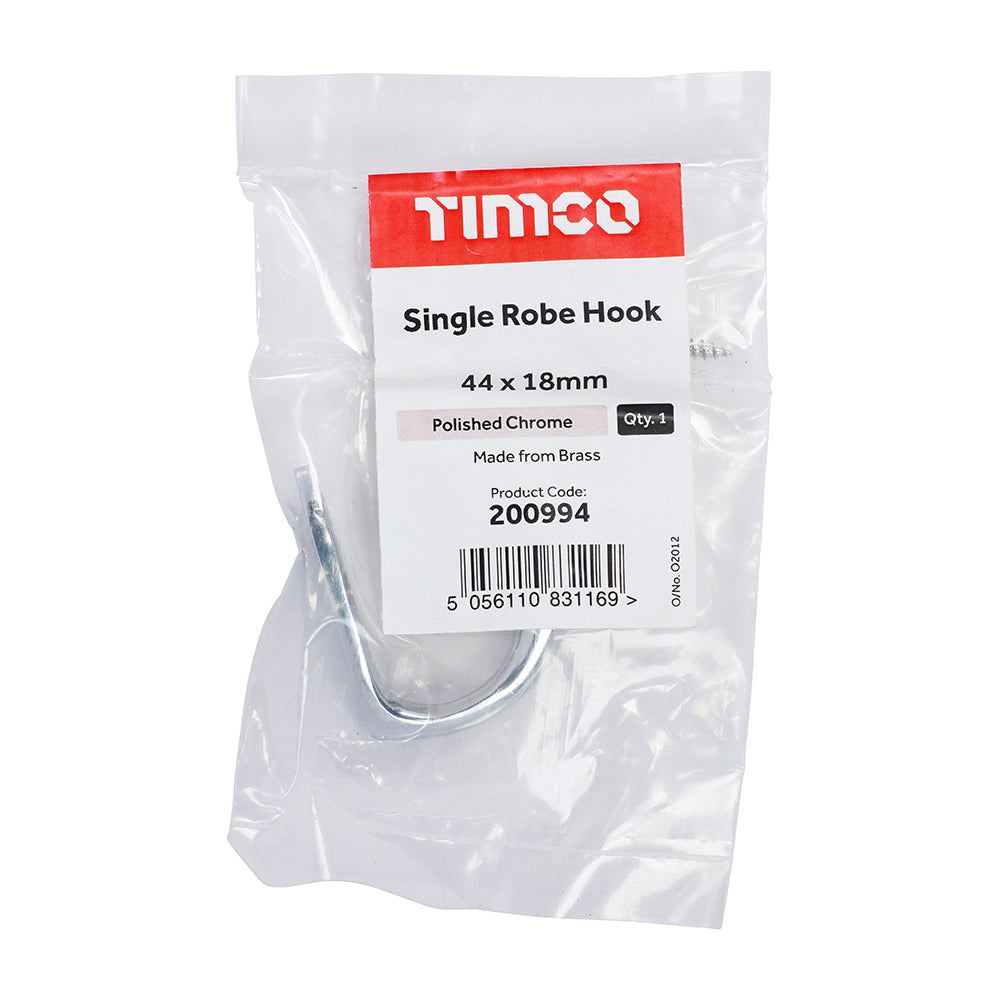 This is an image showing TIMCO Single Robe Hook - Polished Chrome - 44 x 18mm - 1 Each Bag available from T.H Wiggans Ironmongery in Kendal, quick delivery at discounted prices.