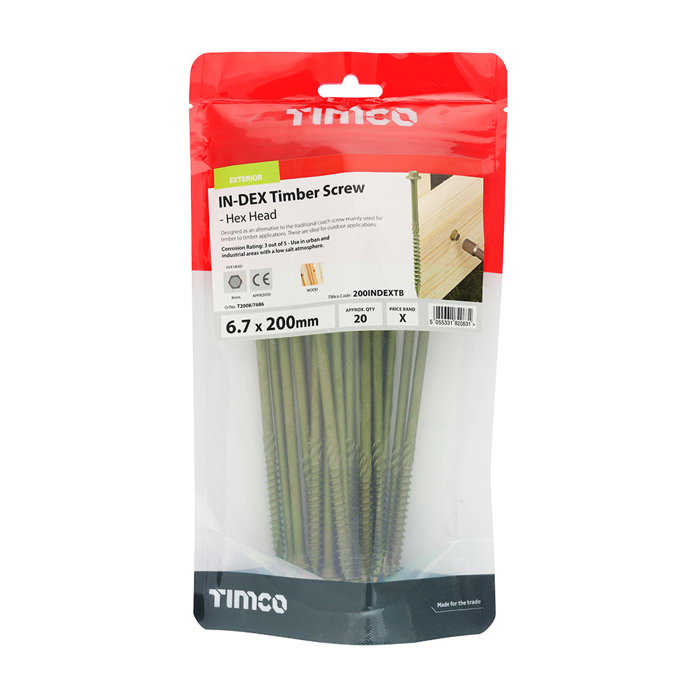 This is an image showing TIMCO Timber Screws - Hex Head - Exterior - Green - 6.7 x 200 - 20 Pieces TIMbag available from T.H Wiggans Ironmongery in Kendal, quick delivery at discounted prices.