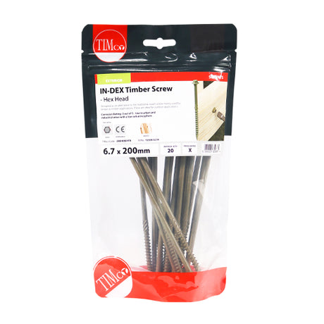 This is an image showing TIMCO Timber Screws - Hex Head - Exterior - Green - 6.7 x 200 - 20 Pieces TIMbag available from T.H Wiggans Ironmongery in Kendal, quick delivery at discounted prices.