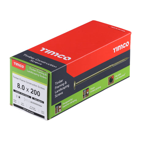 This is an image showing TIMCO Timber Frame Construction & Landscaping Screws - Wafer - Exterior - Green Organic - 8.0 x 200 - 50 Pieces Box available from T.H Wiggans Ironmongery in Kendal, quick delivery at discounted prices.