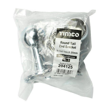 This is an image showing TIMCO End Bracket - For Round Tube - Polished Chrome - 25mm - 2 Pieces Bag available from T.H Wiggans Ironmongery in Kendal, quick delivery at discounted prices.