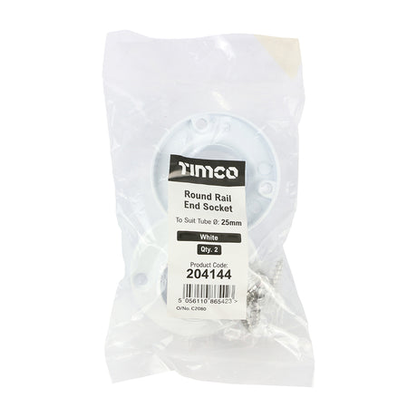 This is an image showing TIMCO End Socket - For Round Tube - White - 25mm - 2 Pieces Bag available from T.H Wiggans Ironmongery in Kendal, quick delivery at discounted prices.