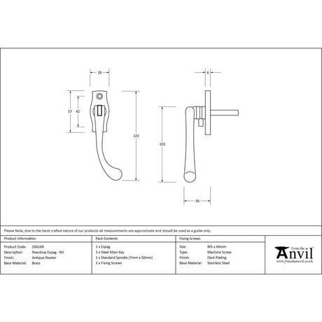 This is an image showing From The Anvil - Antique Pewter Peardrop Espag - RH available from T.H Wiggans Architectural Ironmongery in Kendal, quick delivery and discounted prices