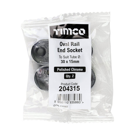 This is an image showing TIMCO End Socket - For Oval Tube - Polished Chrome - 30 x 15 - 2 Pieces Bag available from T.H Wiggans Ironmongery in Kendal, quick delivery at discounted prices.