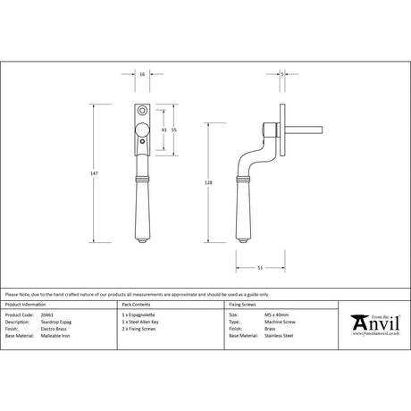 This is an image showing From The Anvil - Electro Brass Teardrop Espag available from T.H Wiggans Architectural Ironmongery in Kendal, quick delivery and discounted prices