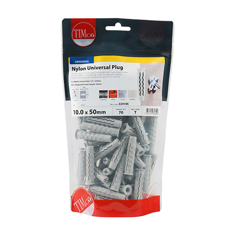 This is an image showing TIMCO Nylon Universal Plugs - 10.0 x 50 - 70 Pieces TIMbag available from T.H Wiggans Ironmongery in Kendal, quick delivery at discounted prices.