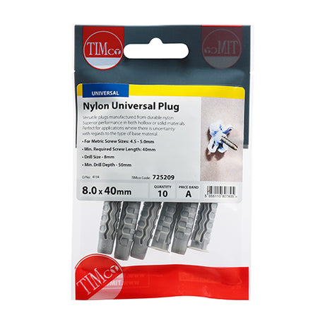 This is an image showing TIMCO Nylon Universal Plugs - 8.0 x 40 - 100 Pieces TIMbag available from T.H Wiggans Ironmongery in Kendal, quick delivery at discounted prices.