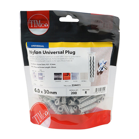 This is an image showing TIMCO Nylon Universal Plugs - 6.0 x 30 - 200 Pieces TIMbag available from T.H Wiggans Ironmongery in Kendal, quick delivery at discounted prices.