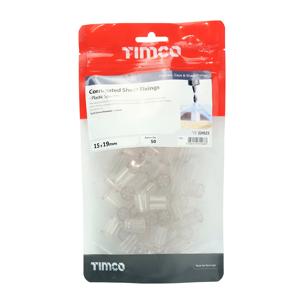 This is an image showing TIMCO Spacers - For Corrugated Sheet Fixings - Clear - 15.0 x 19 - 50 Pieces TIMbag available from T.H Wiggans Ironmongery in Kendal, quick delivery at discounted prices.