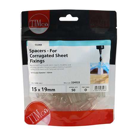 This is an image showing TIMCO Spacers - For Corrugated Sheet Fixings - Clear - 15.0 x 19 - 50 Pieces TIMbag available from T.H Wiggans Ironmongery in Kendal, quick delivery at discounted prices.