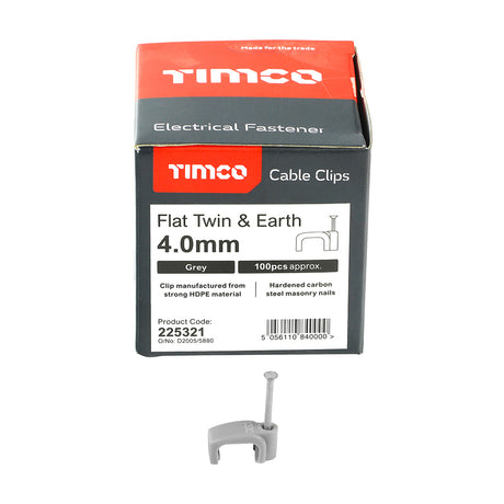 This is an image showing TIMCO Flat Twin & Earth Cable Clips - Grey - To fit 4.0mm - 100 Pieces Box available from T.H Wiggans Ironmongery in Kendal, quick delivery at discounted prices.