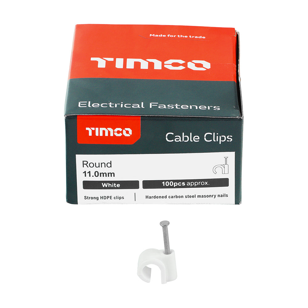 This is an image showing TIMCO Round Cable Clips - White - To fit 11.0mm - 100 Pieces Box available from T.H Wiggans Ironmongery in Kendal, quick delivery at discounted prices.