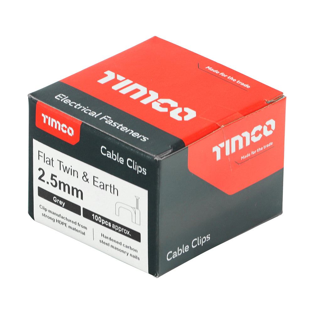 This is an image showing TIMCO Flat Twin & Earth Cable Clips - Grey - To fit 2.5mm - 100 Pieces Box available from T.H Wiggans Ironmongery in Kendal, quick delivery at discounted prices.