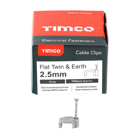 This is an image showing TIMCO Flat Twin & Earth Cable Clips - Grey - To fit 2.5mm - 100 Pieces Box available from T.H Wiggans Ironmongery in Kendal, quick delivery at discounted prices.