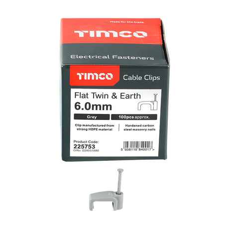 This is an image showing TIMCO Flat Twin & Earth Cable Clips - Grey - To fit 6.0mm - 100 Pieces Box available from T.H Wiggans Ironmongery in Kendal, quick delivery at discounted prices.