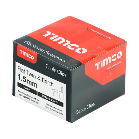 This is an image showing TIMCO Flat Twin & Earth Cable Clips - Grey - To fit 1.5mm - 100 Pieces Box available from T.H Wiggans Ironmongery in Kendal, quick delivery at discounted prices.
