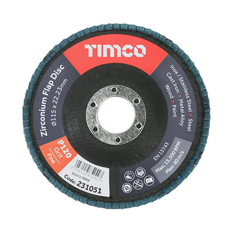 This is an image showing TIMCO Set of Flap Discs - Zirconium - Type 29 Conical - P120 Grit - 115 x 22.23 - 10 Pieces Box available from T.H Wiggans Ironmongery in Kendal, quick delivery at discounted prices.