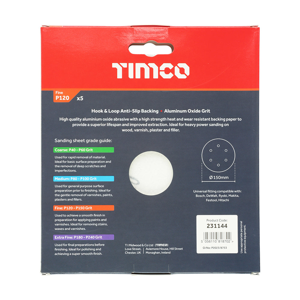 This is an image showing TIMCO Random Orbital Sanding Discs - 120 Grit - Red - 150mm - 5 Pieces Pack available from T.H Wiggans Ironmongery in Kendal, quick delivery at discounted prices.