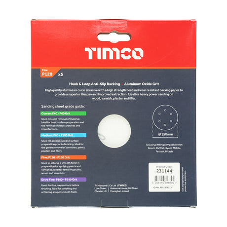 This is an image showing TIMCO Random Orbital Sanding Discs - 120 Grit - Red - 150mm - 5 Pieces Pack available from T.H Wiggans Ironmongery in Kendal, quick delivery at discounted prices.