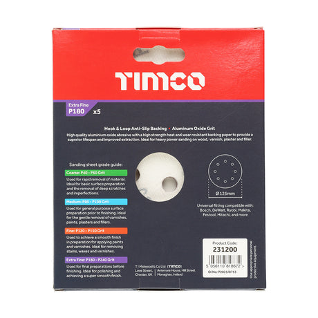 This is an image showing TIMCO Random Orbital Sanding Discs - 180 Grit - Red - 125mm - 5 Pieces Pack available from T.H Wiggans Ironmongery in Kendal, quick delivery at discounted prices.