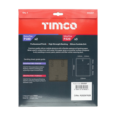 This is an image showing TIMCO Wet & Dry Sanding Sheets - Mixed - Black - 230 x 280mm (180/320) - 5 Pieces Pack available from T.H Wiggans Ironmongery in Kendal, quick delivery at discounted prices.