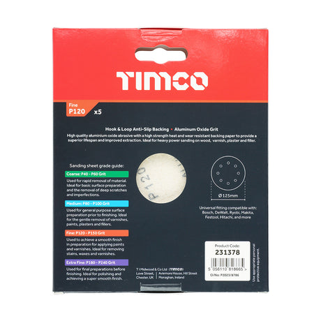 This is an image showing TIMCO Random Orbital Sanding Discs - 120 Grit - Red - 125mm - 5 Pieces Pack available from T.H Wiggans Ironmongery in Kendal, quick delivery at discounted prices.