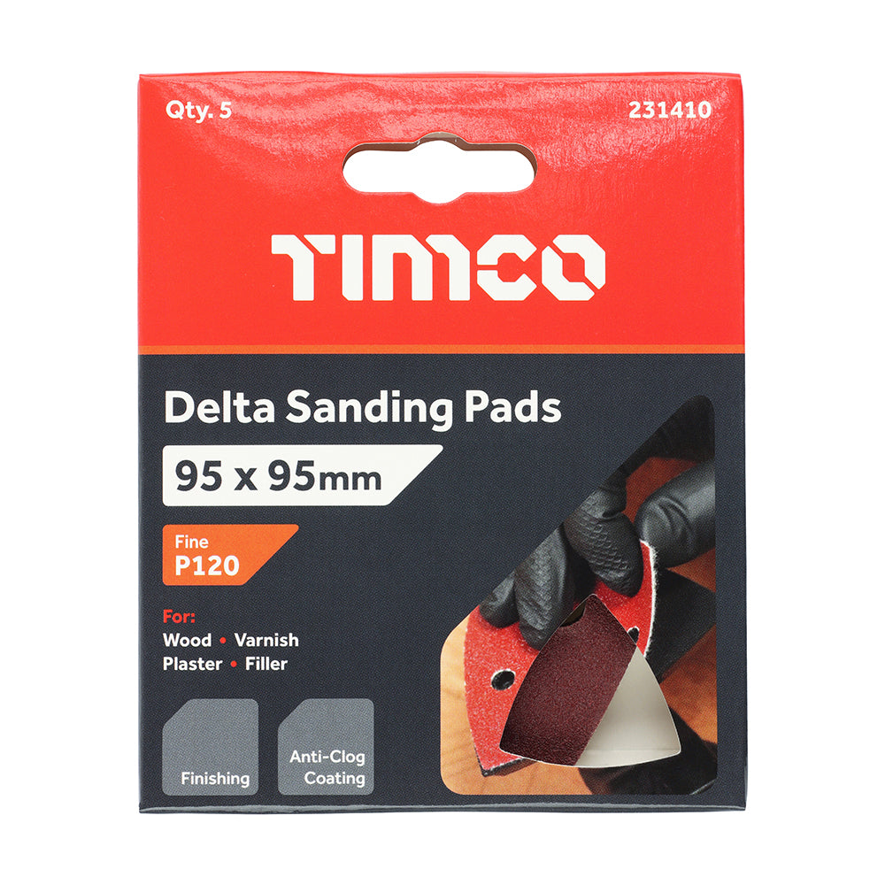 This is an image showing TIMCO Delta Sanding Pads - 120 Grit - Red - 95 x 95mm - 5 Pieces Pack available from T.H Wiggans Ironmongery in Kendal, quick delivery at discounted prices.