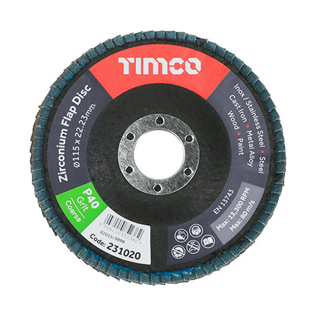 This is an image showing TIMCO Set of Flap Discs - Zirconium - Type 29 Conical - P40 Grit - 115 x 22.23 - 10 Pieces Box available from T.H Wiggans Ironmongery in Kendal, quick delivery at discounted prices.