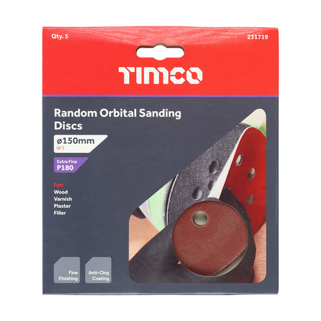This is an image showing TIMCO Random Orbital Sanding Discs - 180 Grit - Red - 150mm - 5 Pieces Pack available from T.H Wiggans Ironmongery in Kendal, quick delivery at discounted prices.