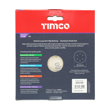 This is an image showing TIMCO Random Orbital Sanding Discs - 180 Grit - Red - 150mm - 5 Pieces Pack available from T.H Wiggans Ironmongery in Kendal, quick delivery at discounted prices.