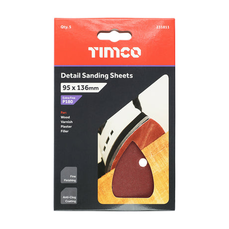This is an image showing TIMCO Detail Sanding Pads - 180 Grit - Red - 95 x 136mm - 5 Pieces Pack available from T.H Wiggans Ironmongery in Kendal, quick delivery at discounted prices.