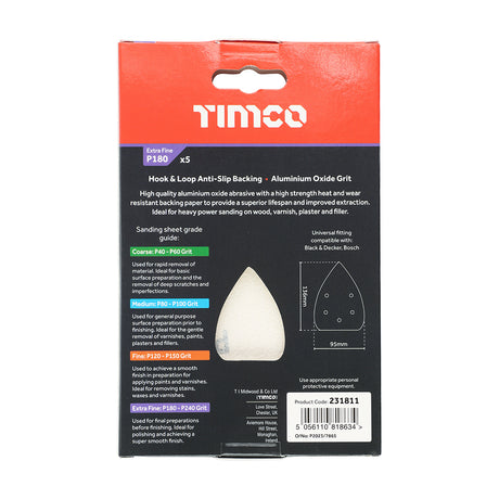 This is an image showing TIMCO Detail Sanding Pads - 180 Grit - Red - 95 x 136mm - 5 Pieces Pack available from T.H Wiggans Ironmongery in Kendal, quick delivery at discounted prices.