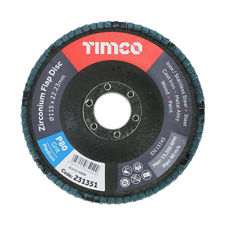 This is an image showing TIMCO Set of Flap Discs - Zirconium - Type 29 Conical - P80 Grit - 115 x 22.23 - 10 Pieces Box available from T.H Wiggans Ironmongery in Kendal, quick delivery at discounted prices.