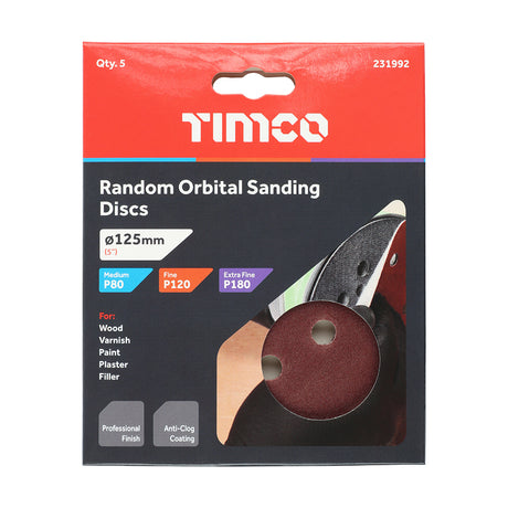 This is an image showing TIMCO Random Orbital Sanding Discs - Mixed - Red - 125mm (80/120/180) - 5 Pieces Pack available from T.H Wiggans Ironmongery in Kendal, quick delivery at discounted prices.