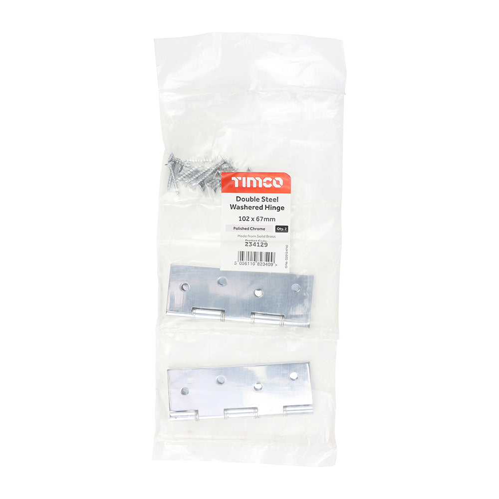 This is an image showing TIMCO Double Steel Washered Butt Hinge - Solid Brass - Polished Chrome - 102 x 67 - 2 Pieces Bag available from T.H Wiggans Ironmongery in Kendal, quick delivery at discounted prices.