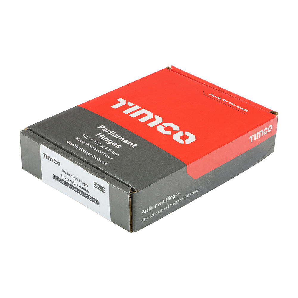 This is an image showing TIMCO Parliament Hinge (488) - Solid Brass - Polished Brass - 102 x 125 - 2 Pieces Box available from T.H Wiggans Ironmongery in Kendal, quick delivery at discounted prices.