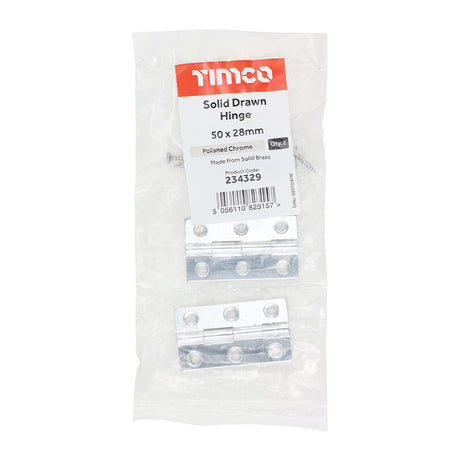 This is an image showing TIMCO Solid Drawn Hinge - Solid Brass - Polished Chrome - 50 x 28 - 2 Pieces Bag available from T.H Wiggans Ironmongery in Kendal, quick delivery at discounted prices.