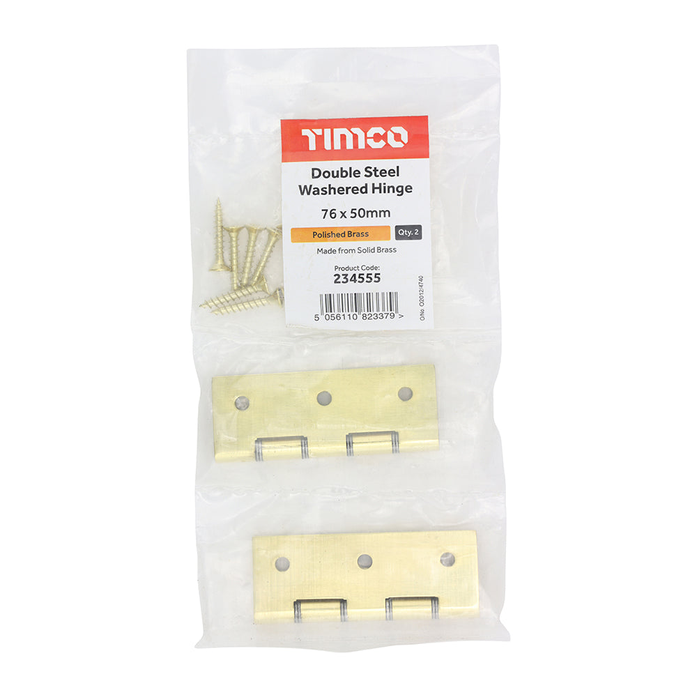 This is an image showing TIMCO Double Steel Washered Butt Hinge - Solid Brass - Polished Brass - 76 x 50 - 2 Pieces Bag available from T.H Wiggans Ironmongery in Kendal, quick delivery at discounted prices.