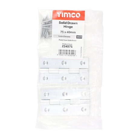 This is an image showing TIMCO Solid Drawn Hinge - Solid Brass - Satin Chrome - 75 x 40 - 2 Pieces Bag available from T.H Wiggans Ironmongery in Kendal, quick delivery at discounted prices.