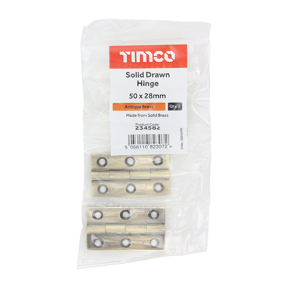 This is an image showing TIMCO Solid Drawn Hinge - Solid Brass - Antique Brass - 50 x 28 - 2 Pieces Bag available from T.H Wiggans Ironmongery in Kendal, quick delivery at discounted prices.