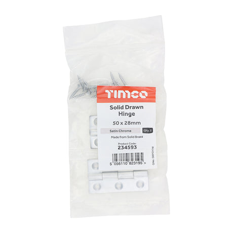 This is an image showing TIMCO Solid Drawn Hinge - Solid Brass - Satin Chrome - 50 x 28 - 2 Pieces Bag available from T.H Wiggans Ironmongery in Kendal, quick delivery at discounted prices.