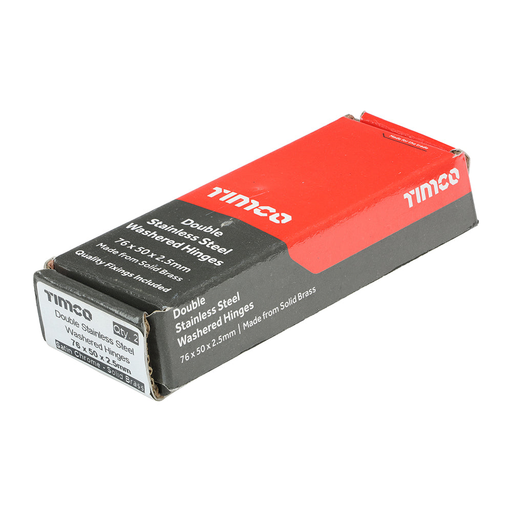 This is an image showing TIMCO Double Stainless Steel Washered Butt Hinge - Solid Brass - Satin Chrome - 76 x 50 - 2 Pieces Box available from T.H Wiggans Ironmongery in Kendal, quick delivery at discounted prices.
