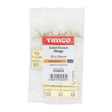 This is an image showing TIMCO Solid Drawn Hinge - Solid Brass - Polished Brass - 50 x 28 - 2 Pieces Bag available from T.H Wiggans Ironmongery in Kendal, quick delivery at discounted prices.