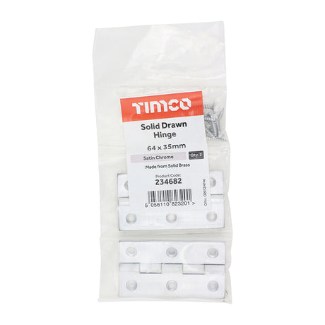 This is an image showing TIMCO Solid Drawn Hinge - Solid Brass - Satin Chrome - 64 x 35 - 2 Pieces Bag available from T.H Wiggans Ironmongery in Kendal, quick delivery at discounted prices.