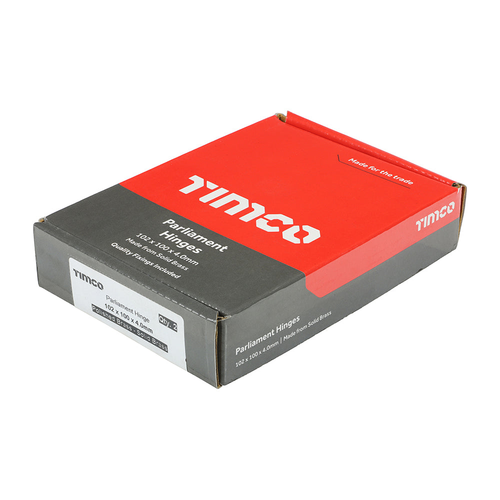 This is an image showing TIMCO Parliament Hinge (488) - Solid Brass - Polished Brass - 102 x 100 - 2 Pieces Box available from T.H Wiggans Ironmongery in Kendal, quick delivery at discounted prices.