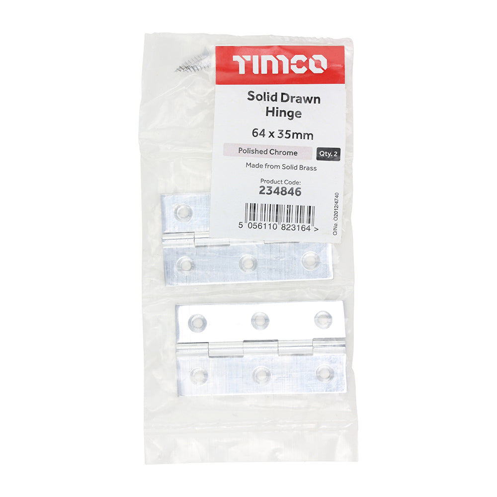 This is an image showing TIMCO Solid Drawn Hinge - Solid Brass - Polished Chrome - 64 x 35 - 2 Pieces Bag available from T.H Wiggans Ironmongery in Kendal, quick delivery at discounted prices.