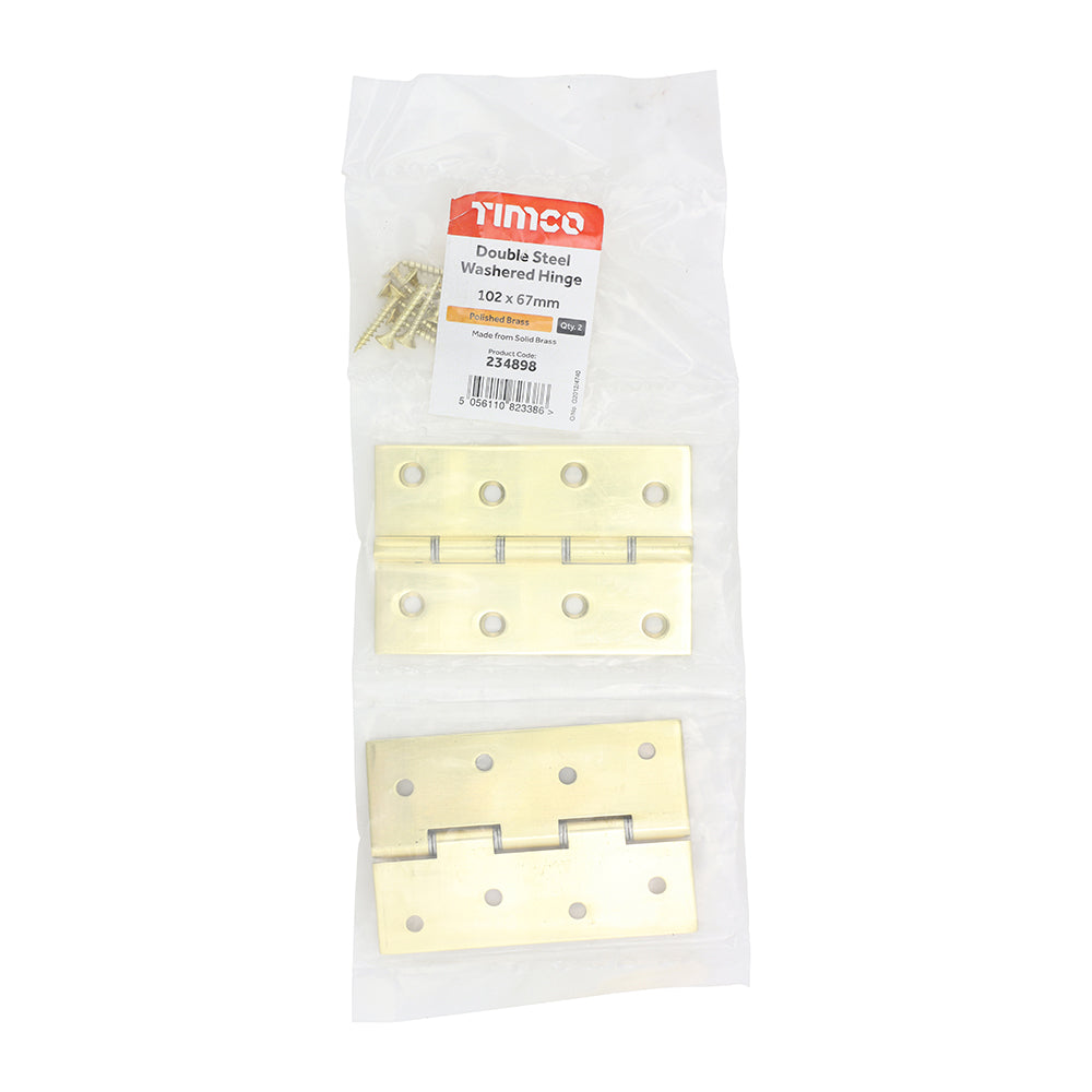 This is an image showing TIMCO Double Steel Washered Butt Hinge - Solid Brass - Polished Brass - 102 x 67 - 2 Pieces Bag available from T.H Wiggans Ironmongery in Kendal, quick delivery at discounted prices.