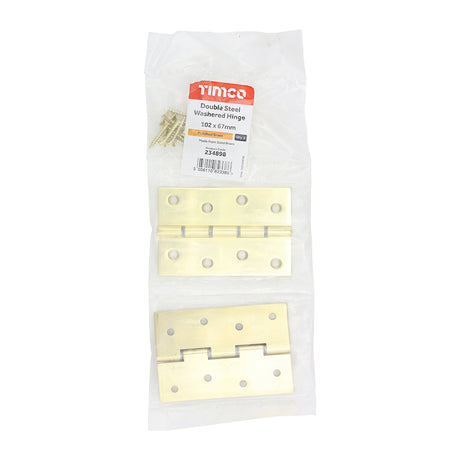 This is an image showing TIMCO Double Steel Washered Butt Hinge - Solid Brass - Polished Brass - 102 x 67 - 2 Pieces Bag available from T.H Wiggans Ironmongery in Kendal, quick delivery at discounted prices.