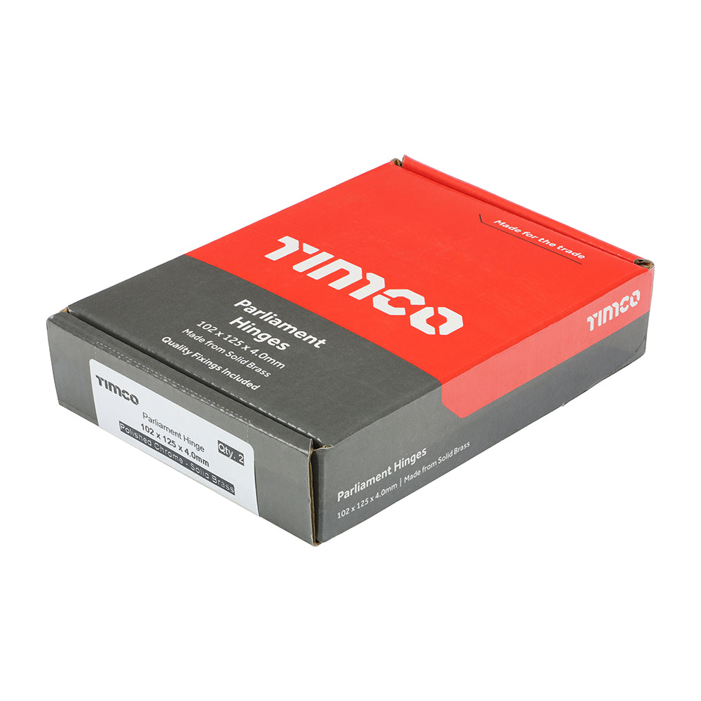 This is an image showing TIMCO Parliament Hinge (488) - Solid Brass - Polished Chrome - 102 x 125 - 2 Pieces Box available from T.H Wiggans Ironmongery in Kendal, quick delivery at discounted prices.