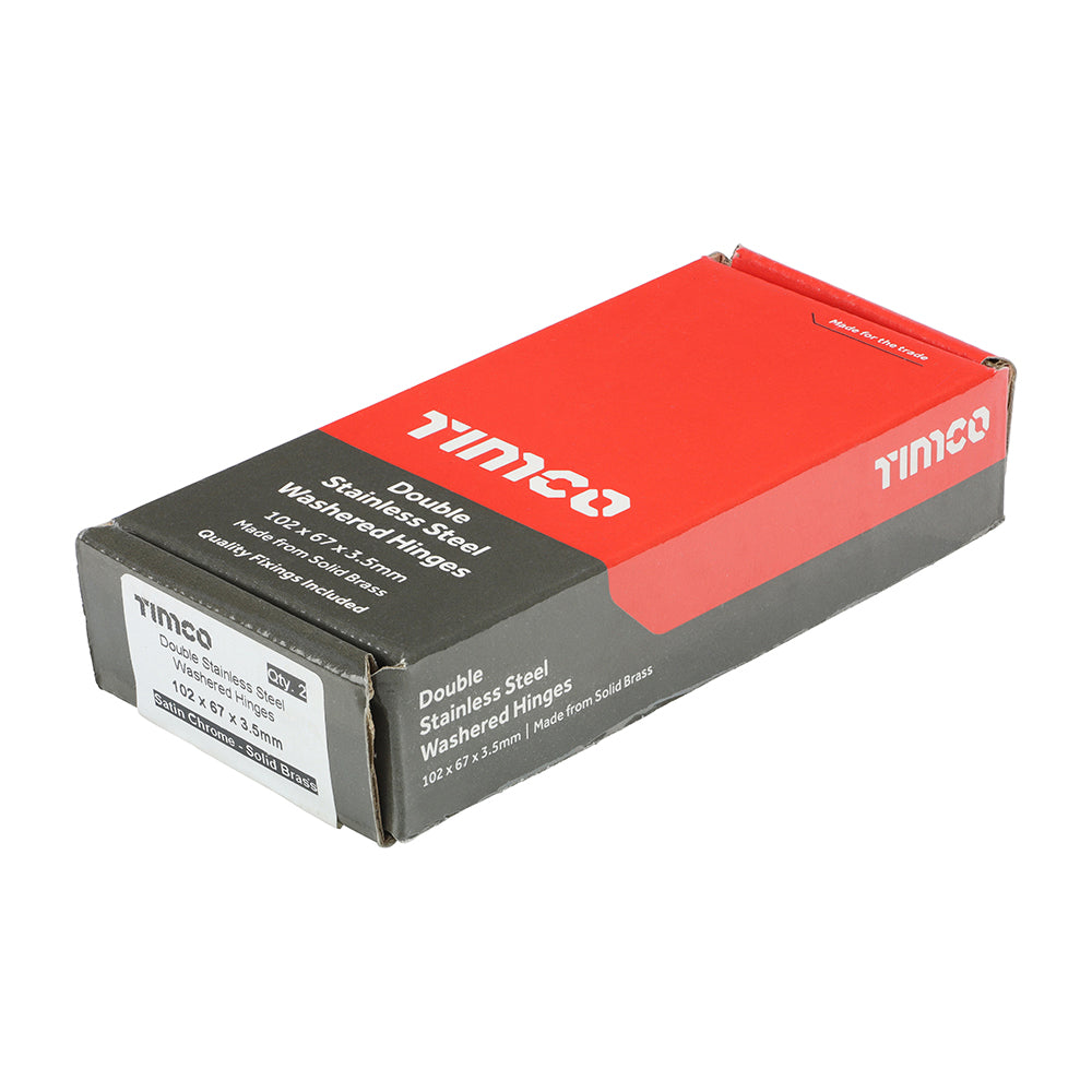 This is an image showing TIMCO Double Stainless Steel Washered Butt Hinge - Solid Brass - Satin Chrome - 102 x 67 - 2 Pieces Box available from T.H Wiggans Ironmongery in Kendal, quick delivery at discounted prices.